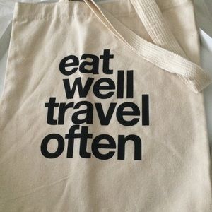 DOGEARED EAT WELL AND TRAVEL OFTEN COTTON TOTE IVORY NWOT